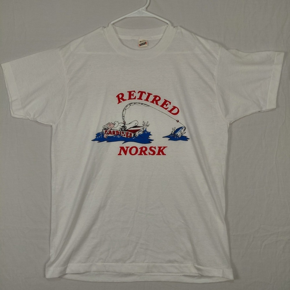 Vintage XL‎ Screen Stars T Shirt Fishing Single Stitch Retired NORSK Cartoon USA - Picture 3 of 12